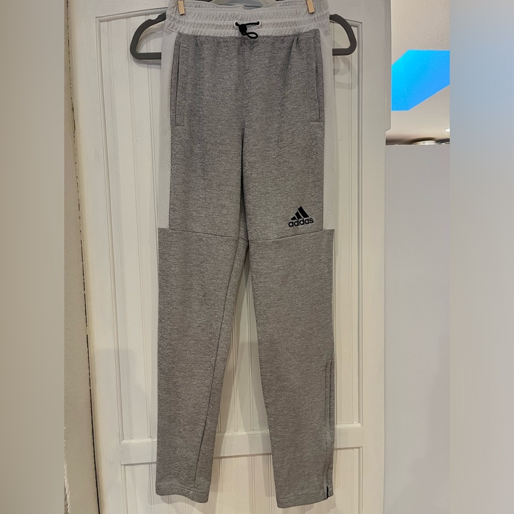 Adidas track pants with zip ankle, size small, gray